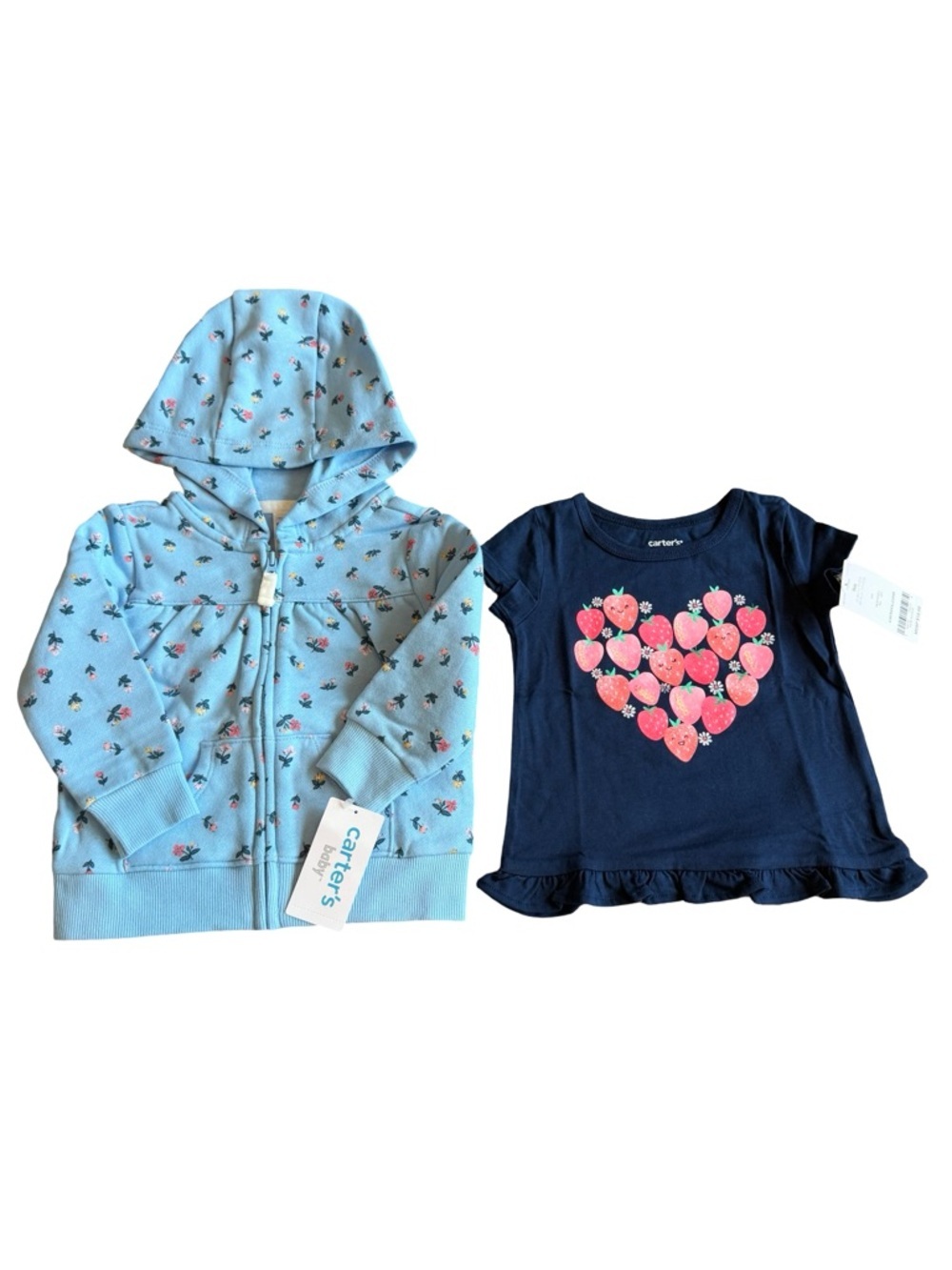 Carters Two Piece Zip-Down Hoodie Sweater Floral T-Shirt Strawberry New w/ Tags
